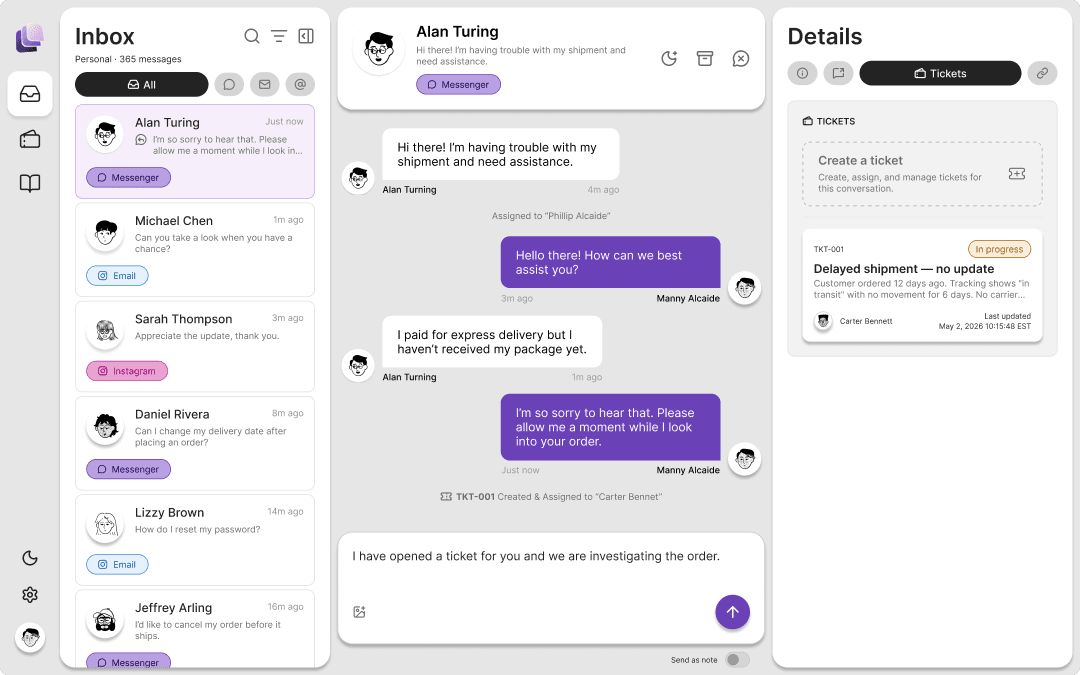 ArcStack dashboard showing an inbox conversation and linked support ticket